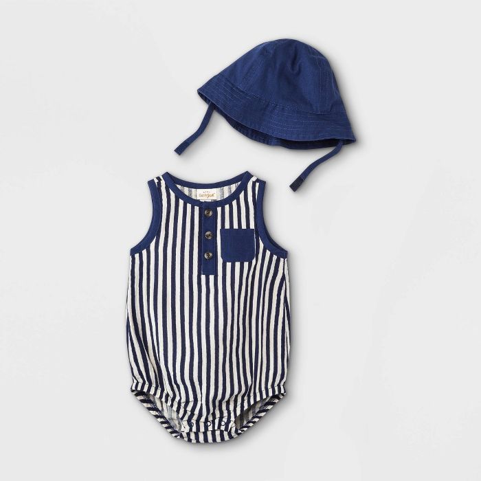 Baby Boys' Striped Gauze Romper with Hat - Cat & Jack™ Navy | Target