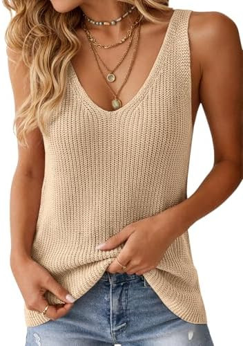 Womens Summer Sleeveless V Neck Sweater Vest Fall Knitted Loose Cami Tank Tops | Amazon (US)