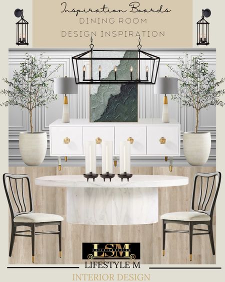 Dining room design inspiration. Recreate the look by shopping the pieces below. Oval wood dining table, black upholstered dining chair, wood floor tiles, handle holders, white planters, faux olive trees, white console buffet credenza, wall art, table lamps, dining room chandelier, wall sconce lights. 

#LTKhome #LTKHoliday #LTKstyletip