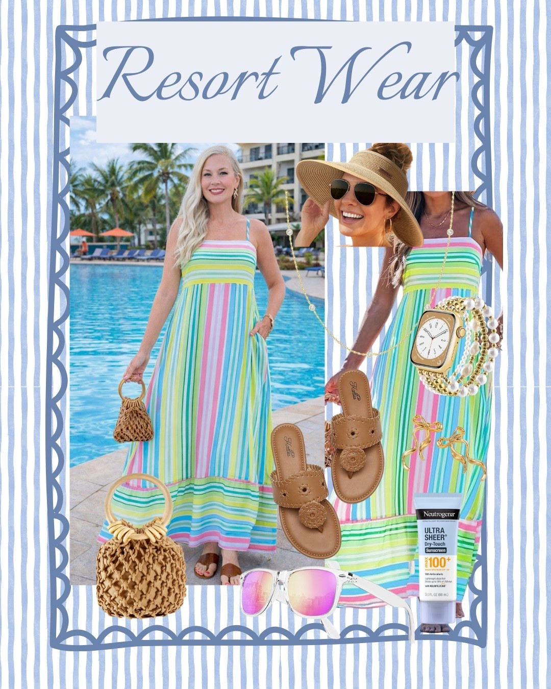 Comment “RESORT” and I’ll send you the links to this outfit ☀️🌴

The perfect resort wear outfit for your next beach vacation, tropical getaway, cruise, or summer trip. This colorful striped maxi dress is lightweight, breezy, and perfect for poolside days, beach dinners, vacation photos, and warm weather travel. I styled it with woven sandals, a straw bag, oversized sun hat, sunglasses, and simple gold jewelry for an easy coastal chic vacation look.

If you’re planning a spring break trip, resort vacation, beach honeymoon, or summer getaway, this is the kind of comfortable but stylish vacation outfit that looks polished while still being effortless and packable. Save this for vacation outfit inspo, resort wear ideas, and beach outfit styling. ✨🌊✈️

#LTKspring #LTKTravel #LTKSwim