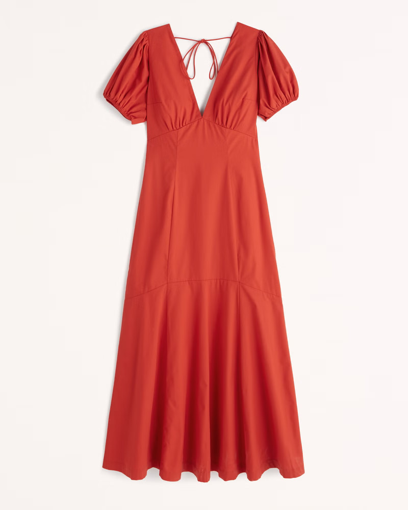 Puff Sleeve Slim Poplin Midi Dress | Abercrombie & Fitch (US)