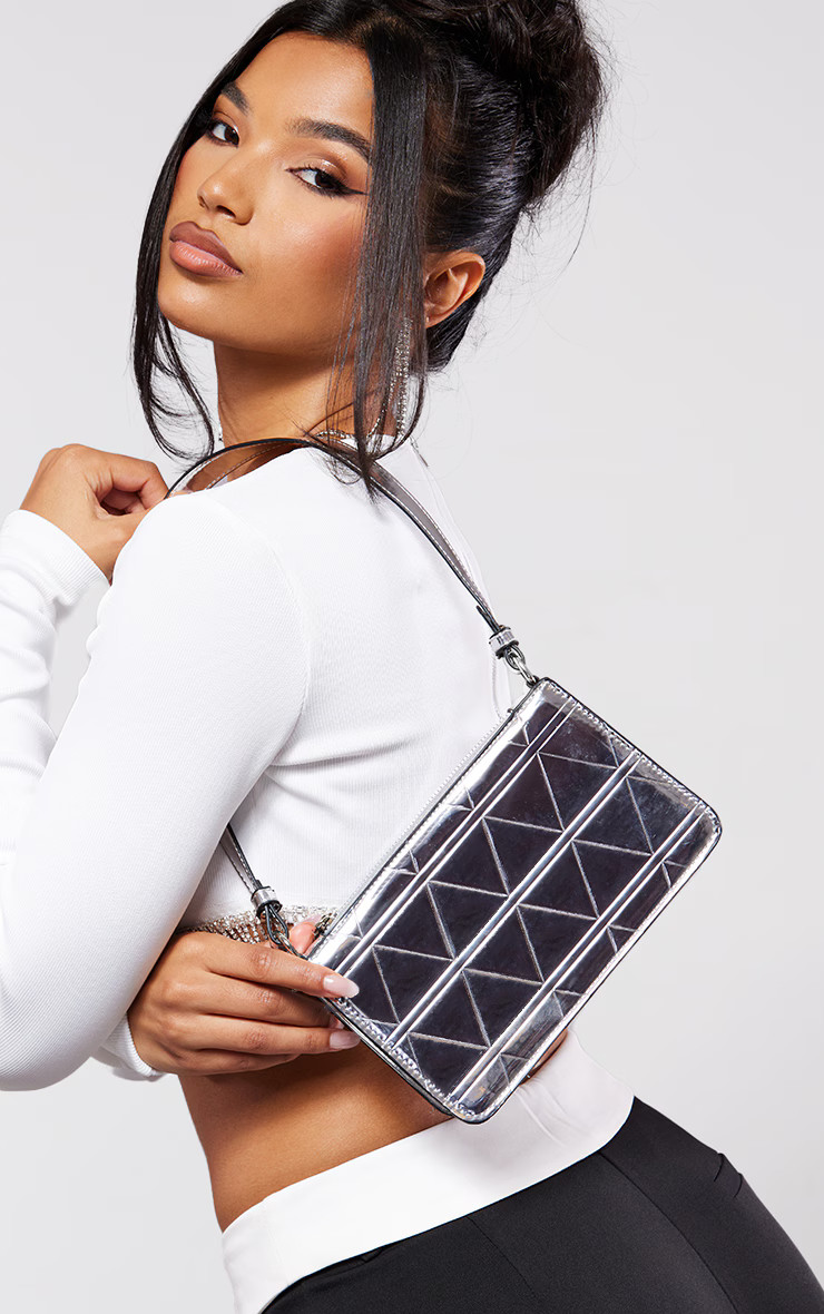 Silver Mirrored Metallic Quilted Shoulder Bag | PrettyLittleThing US