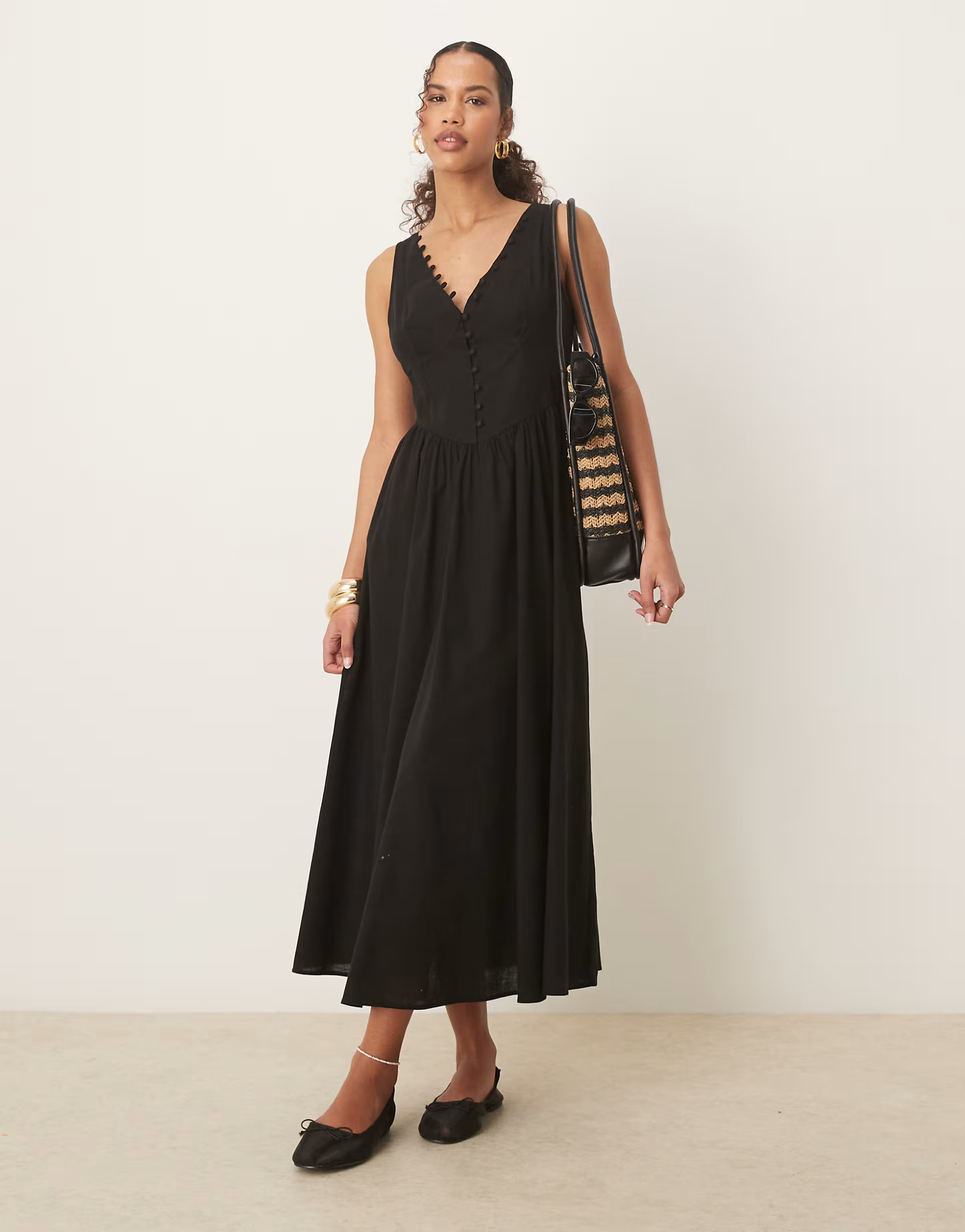 ASOS DESIGN v neck button through maxi dress with dropped waist in black | ASOS | ASOS (Global)