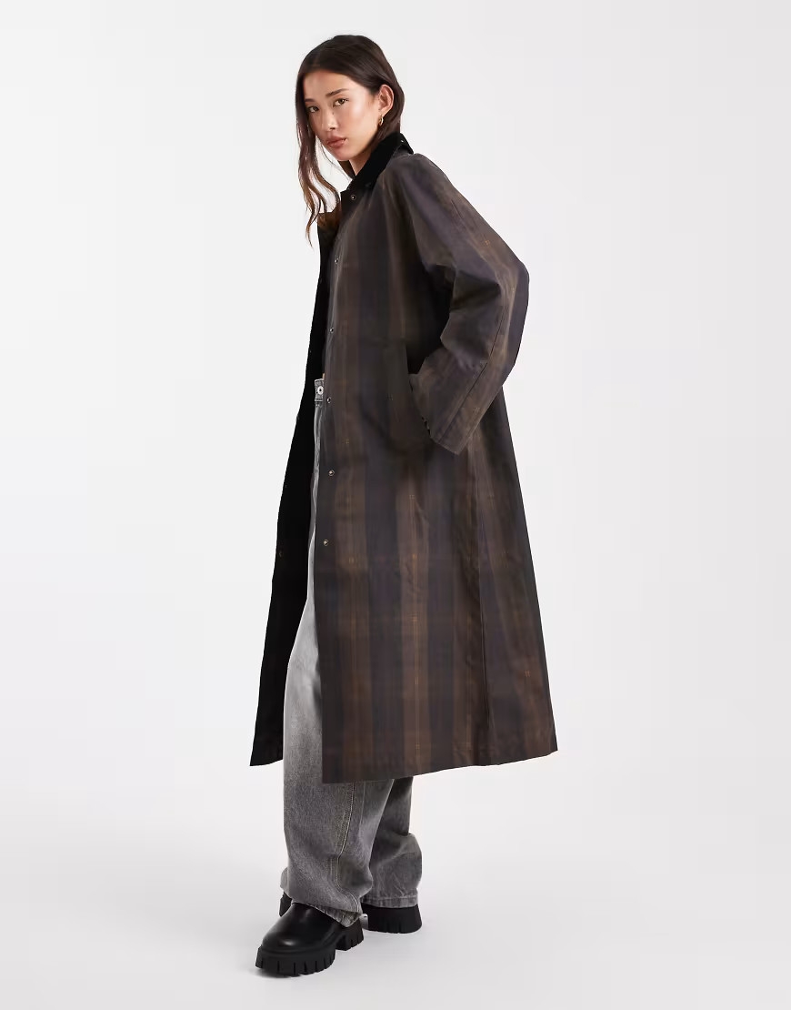ONLY cord collar longline barn jacket in brown check | ASOS (Global)