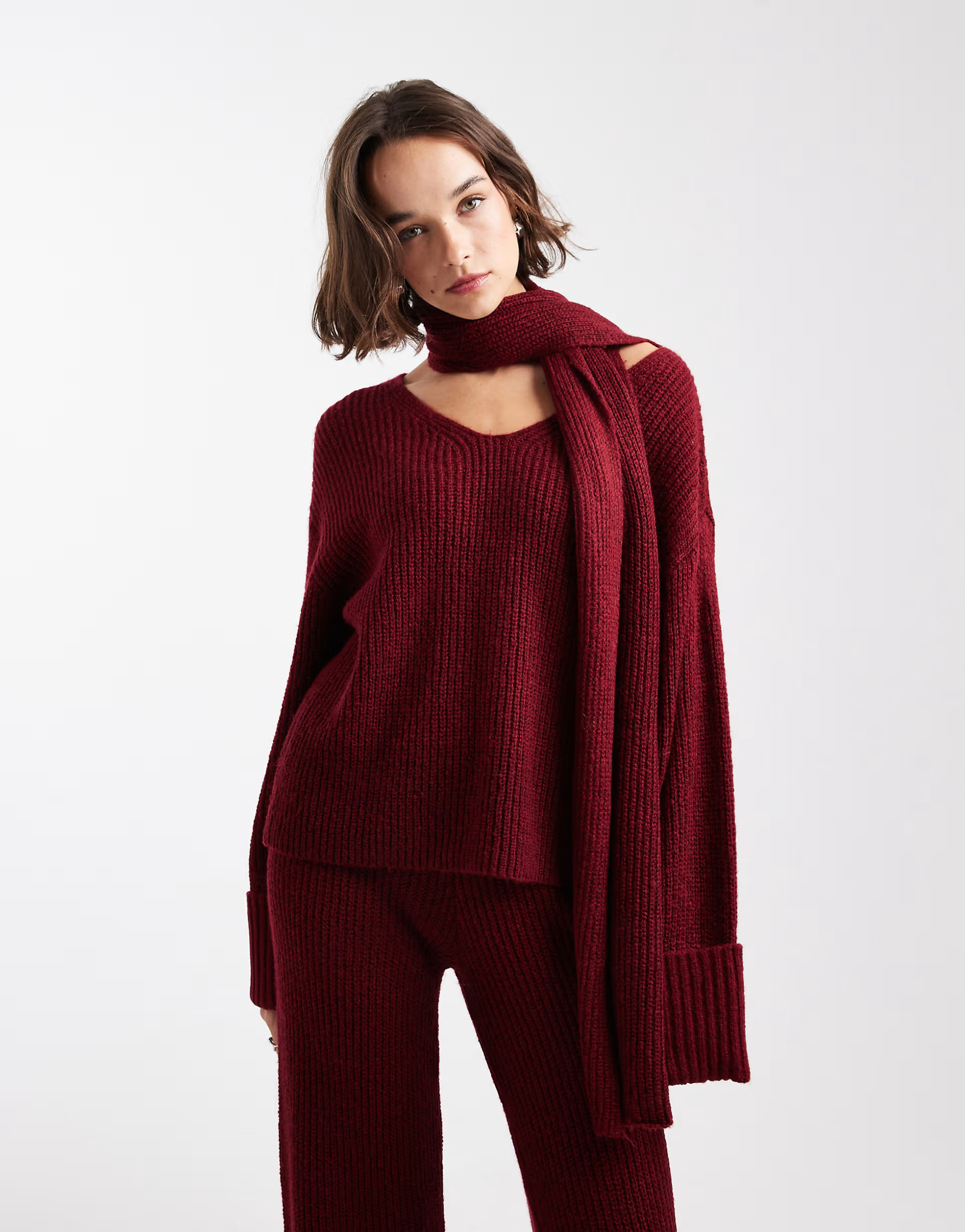 4th & Reckless ribbed knitted deep cuff v neck scarf detail jumper co-ord in burgundy | ASOS (Global)