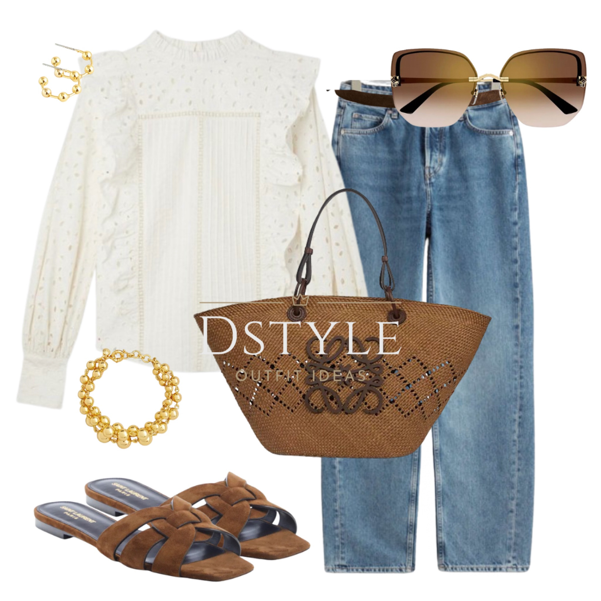 Embroidered cutwork frill detail woven shirt paired with tapered jeans, brown flat slide sandals, brown basket bag, sunglasses, gold accents. Casual chic outfit, ootd, effortless elegance, spring style, summer style, work wear outfit, comfy look, Loewe, YSL sandals

#LTKshoecrush #LTKitbag #LTKstyletip