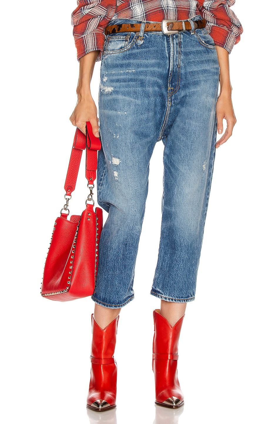 R13 Tailored Drop Slim Crop Leg in Denim-Medium | FWRD 