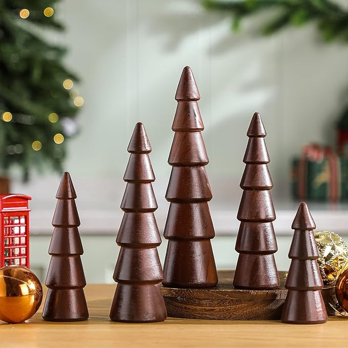 Pinkunn 5 Pieces Wooden Christmas Tree Table Decoration Vintage Xmas Tabletop Centerpieces Farmho... | Amazon (US)
