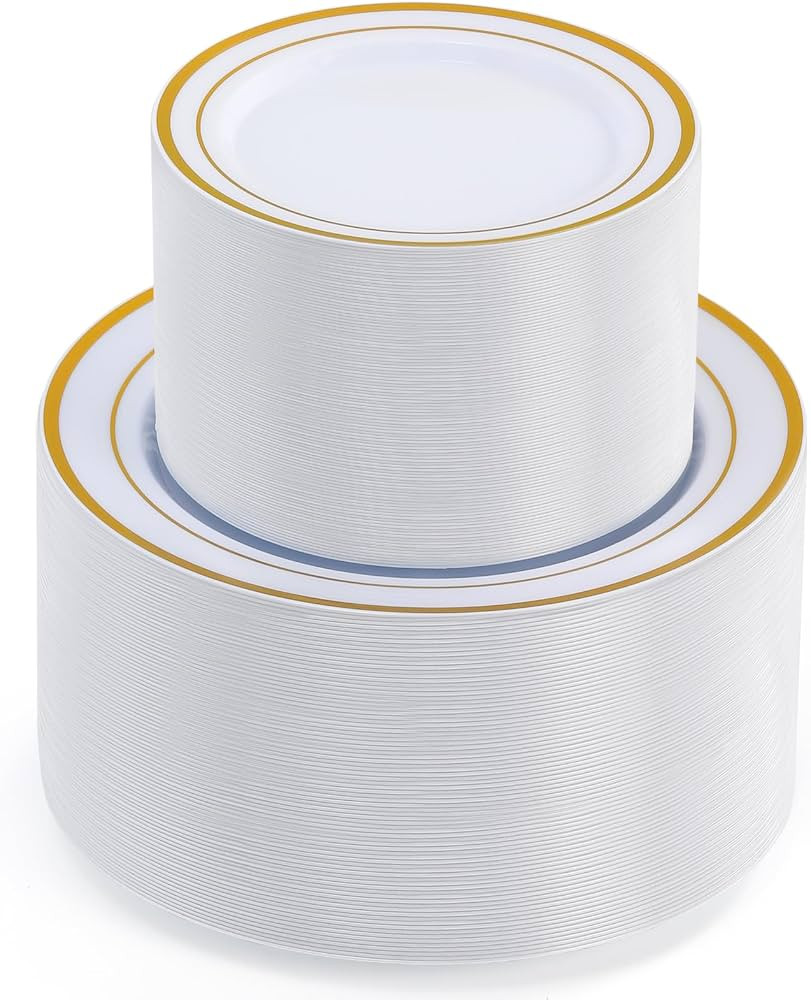 AOZITA 100 Gold Plastic Party Plates Disposable, Premium Heavy Duty Plastic Plates - 50 Plastic Dinn | Amazon (US)