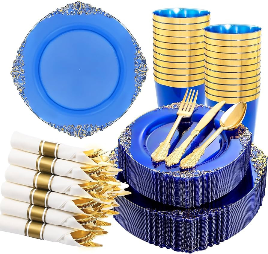 Hioasis 210pcs Blue and Gold Plastic Plates - Elegant Disposable Dinnerware Set Suitable for 30 G... | Amazon (US)