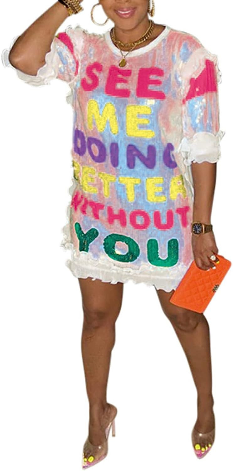 Womens Sequin Glitter Shirt Dress - Sexy Floral Letter Print 3/4 Sleeve Mini Dresses for Party Cl... | Amazon (US)