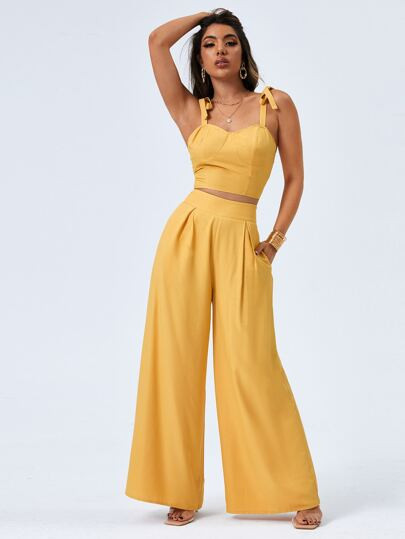 Tie Shoulder Cami Top & Wide Leg Pants Set | SHEIN