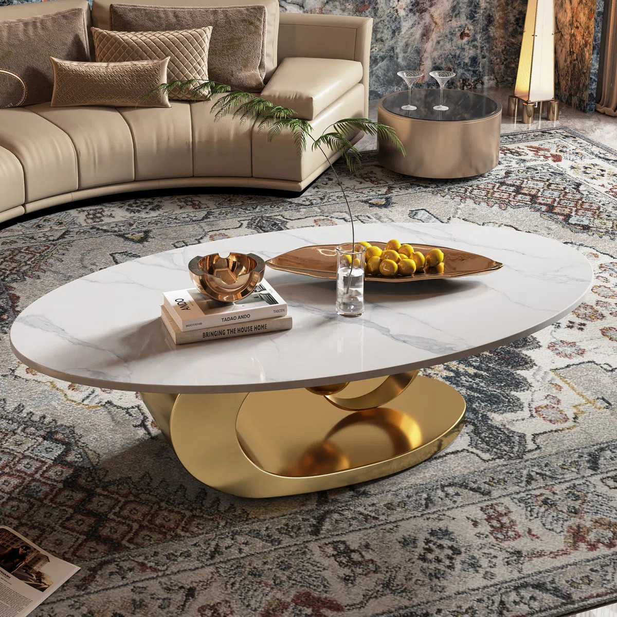 49.2" Oval Coffee Table with Faux Marble Top, Gold Stainless Steel Base with Abstract Fantastic M... | Wayfair North America
