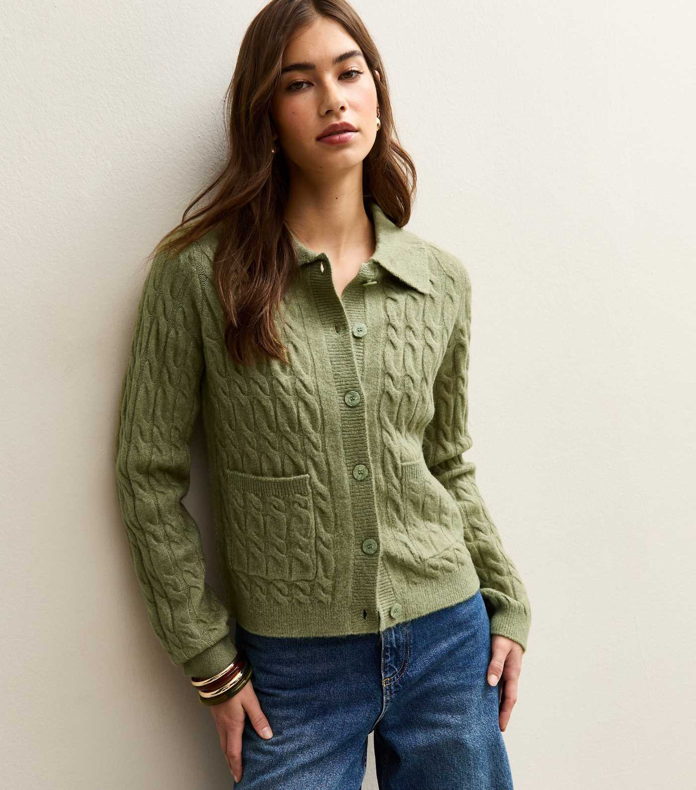 Green Cable Knit Collared Cardigan | New Look | New Look (UK)