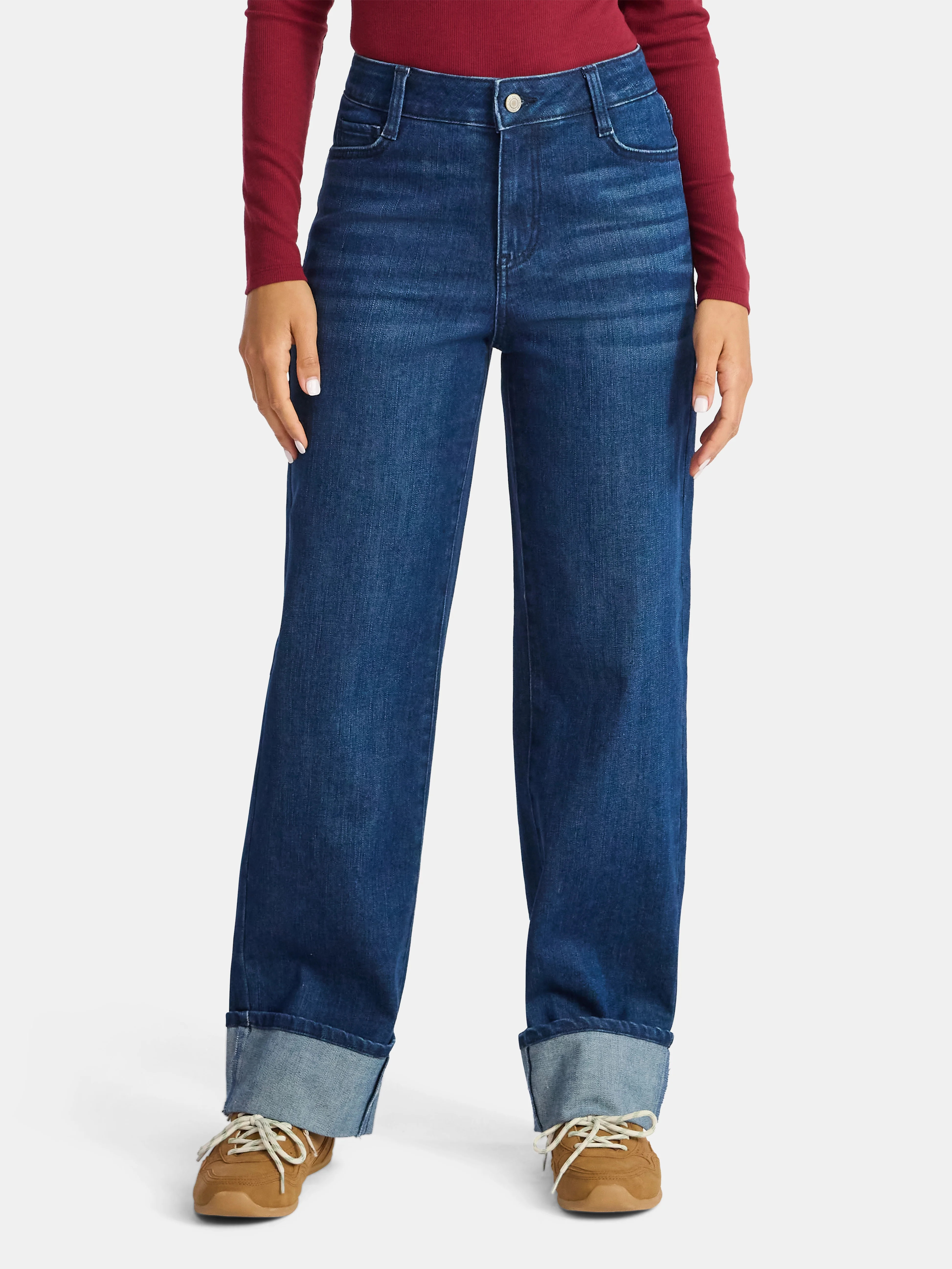 Time and Tru Women's High Rise Straight Jeans with Cuffs, 29" Inseam, Sizes 0-20 | Walmart (US)