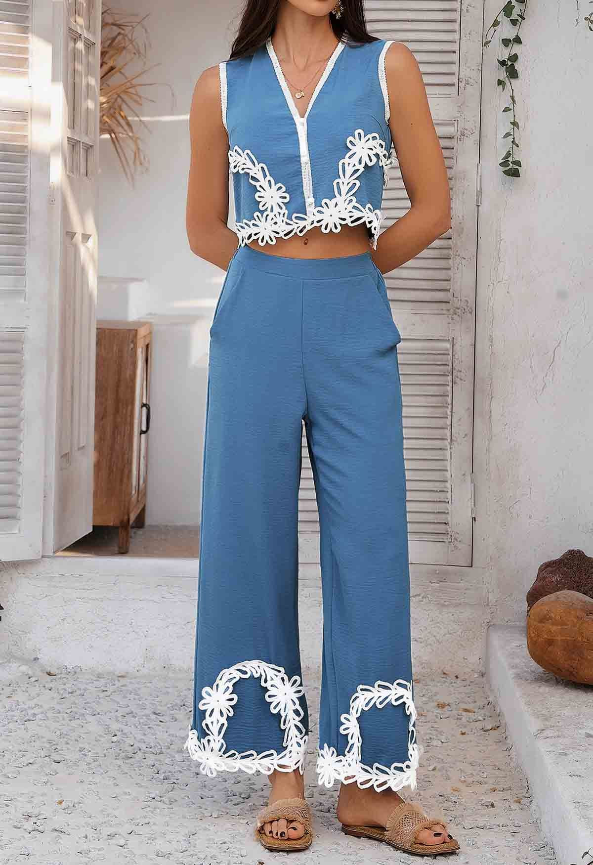 Tapework Lace Buttoned Sleeveless Top and Pants Set in Blue | Chicwish