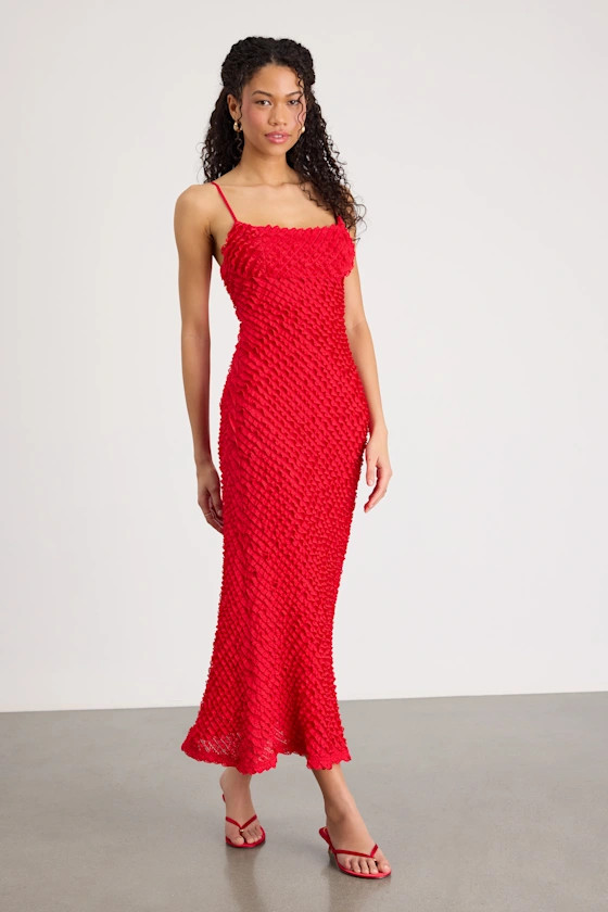 Noria Red Ruffled Lace Slip Midi Dress | Spring Fashion 2026 | Summer Fashion 2026 | Lulus