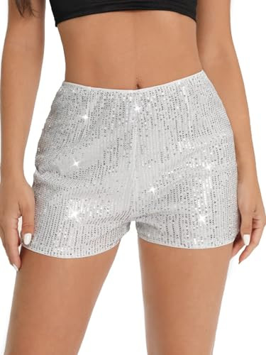 UOIGHF Women's Sequins Shorts Elastic Waist Sparkly Straight Leg Shorts Glitter Party Shorts Hot Pants Party Black(A2316-Silver-XS | Amazon (US)