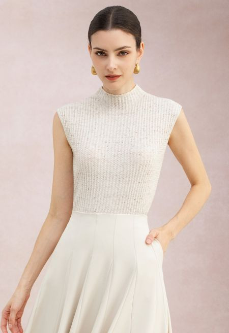 Mock Neck Sleeveless Rib Mix-Knit Top in Cream for Workdays & Weekends | Chicwish