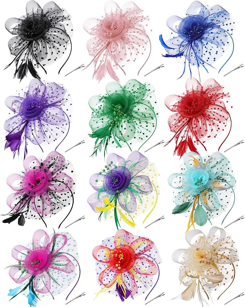 12 Pcs Fascinators Hats Tea Party Headwear with Veil Vintage Feathers Pearl on a Headband or a Cl... | Amazon (US)