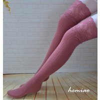 Pink Lace Top Knee High Socks Cotton Blend Leg Warmers | Etsy (US)