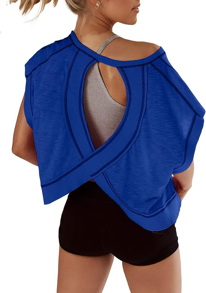 Kumufenc Women Short Sleeve Workout Shirts Open Back Tops Casual Yoga Y2k Athletic Gym Slouchy Cr... | Amazon (US)