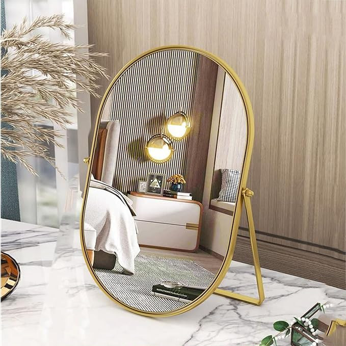 Vanity Desk Table Mirror Oval Makeup Mirror 90°Adjustable Rotation Golden Metal Framed Standing ... | Amazon (US)