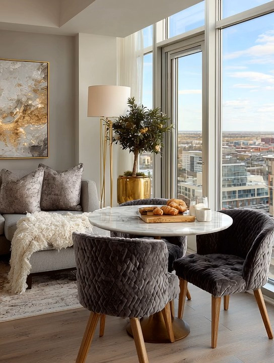 Create this beautiful high-rise home café look by layering a round marble table with plush velvet chairs, then anchoring the space with a sculptural floor lamp and a gold planter filled with lush greenery. This setup instantly transforms any corner into an elegant, café-inspired retreat—perfect for morning coffee, casual dining, or sunset views over the city. The marble adds a timeless, luxurious feel, the velvet chairs bring warmth and comfort, and the gold accents elevate the entire space with a soft, glamorous glow. Designed for modern home décor lovers, this look works effortlessly in high-rise apartments, condos, and small spaces where style and function need to coexist beautifully.

#HomeCafe #ModernHomeDecor #HighRiseLiving #TimelessInteriors 

 #LTKHome