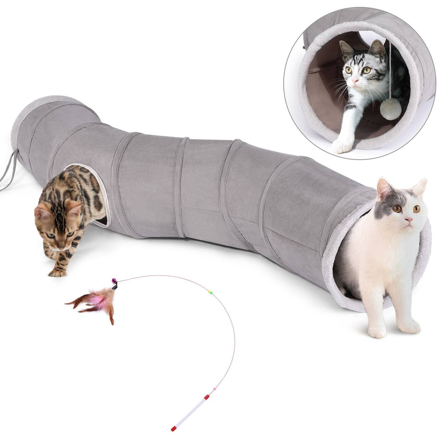 Ownpets - 48"" Long Collapsible Cat Tunnel with Plush Ball & Feather Toy - Gray | Best Buy U.S.