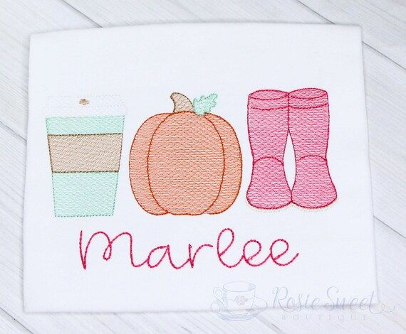 Latte, pumpkin, and rain boots...Fall embroidered sketch stitch personalized girls ruffle shirt o... | Etsy (US)