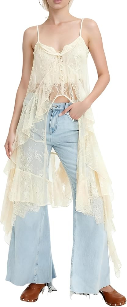 Women Boho Lace Flowy Top Spaghetti Strap Sheer See Through Long Cami High Low Ruffle Layering Cr... | Amazon (US)