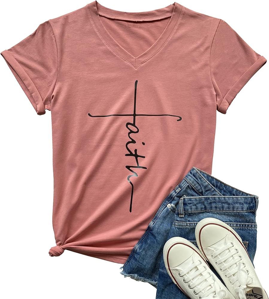 DANVOUY Women's T Shirts V-Neck Faith Shirts Funny Graphic Casual Short Sleeve Tops | Amazon (US)