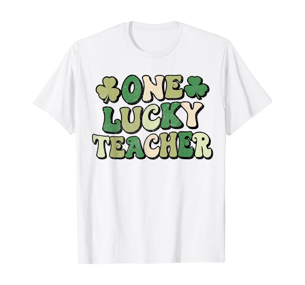 One Lucky Teacher Groovy Retro Teacher St Patrick's Day T-Shirt | Amazon (US)