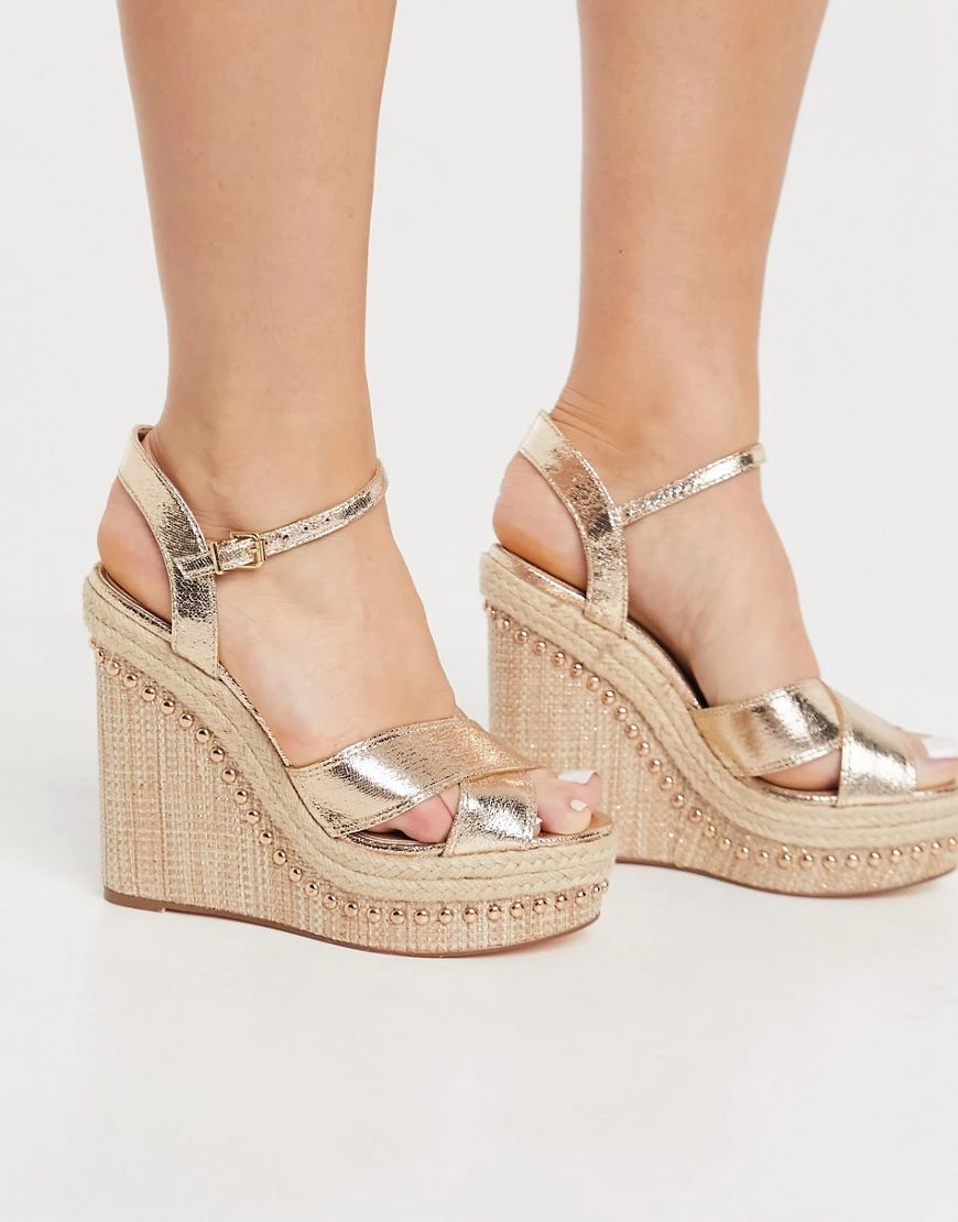 River Island strappy heeled wedge sandals in gold | ASOS (Global)