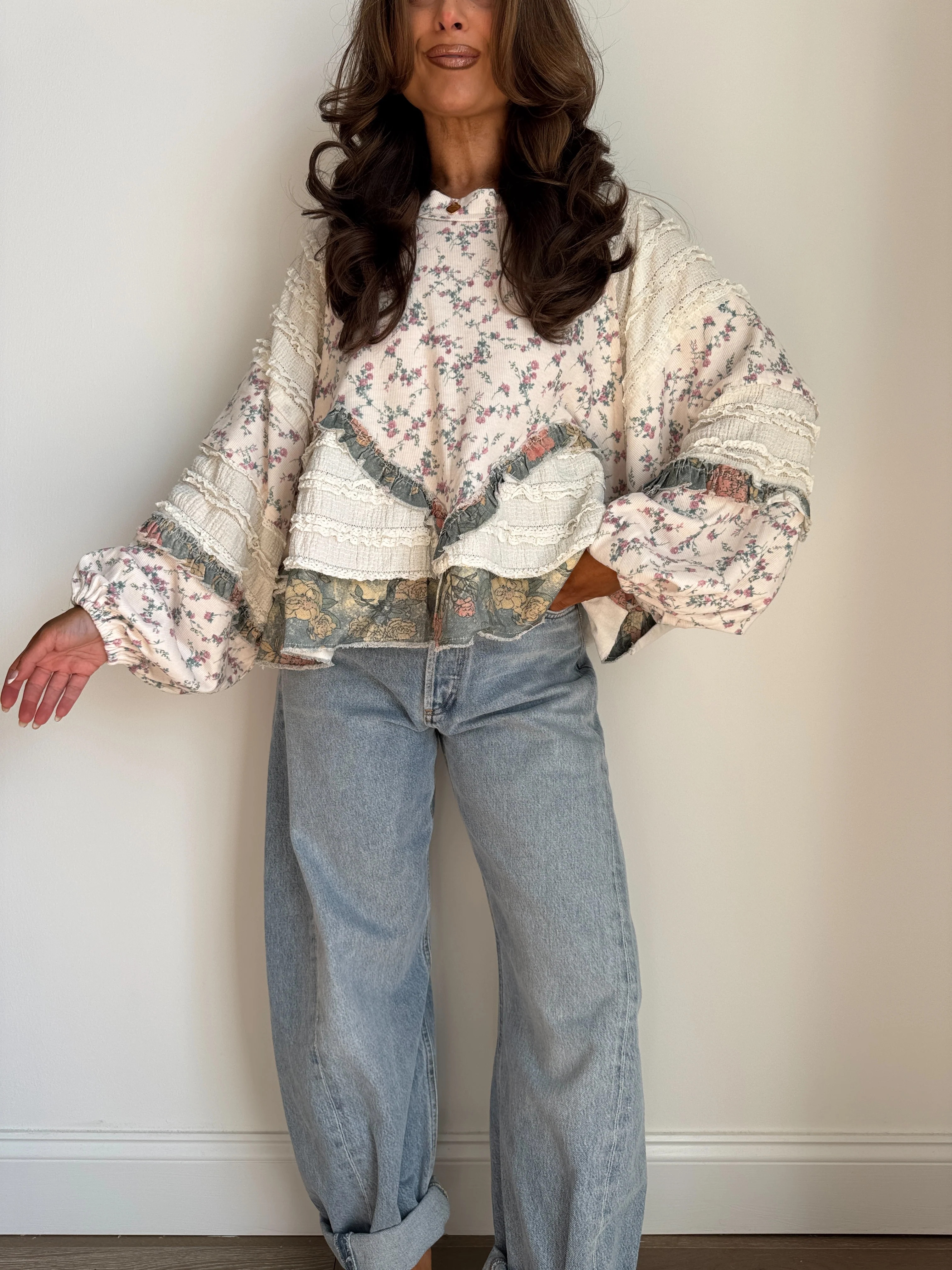 Willow Patch Floral Vintage Plaid Ruffle Top with Balloon Sleeves PRE | Shop Your Darling Style