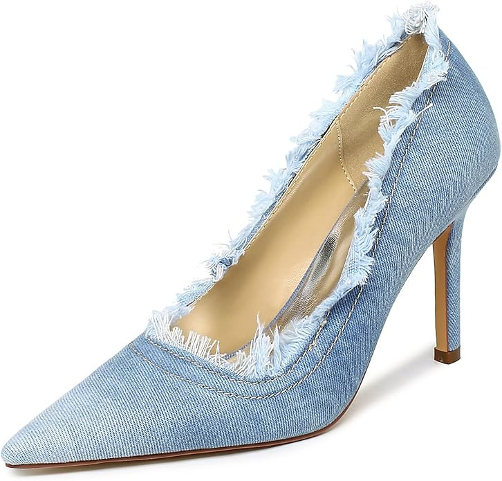 Reitoye Women's Denim Stiletto Pumps Heels Pointed Toe Stiletto Dress Pump | Amazon (US)