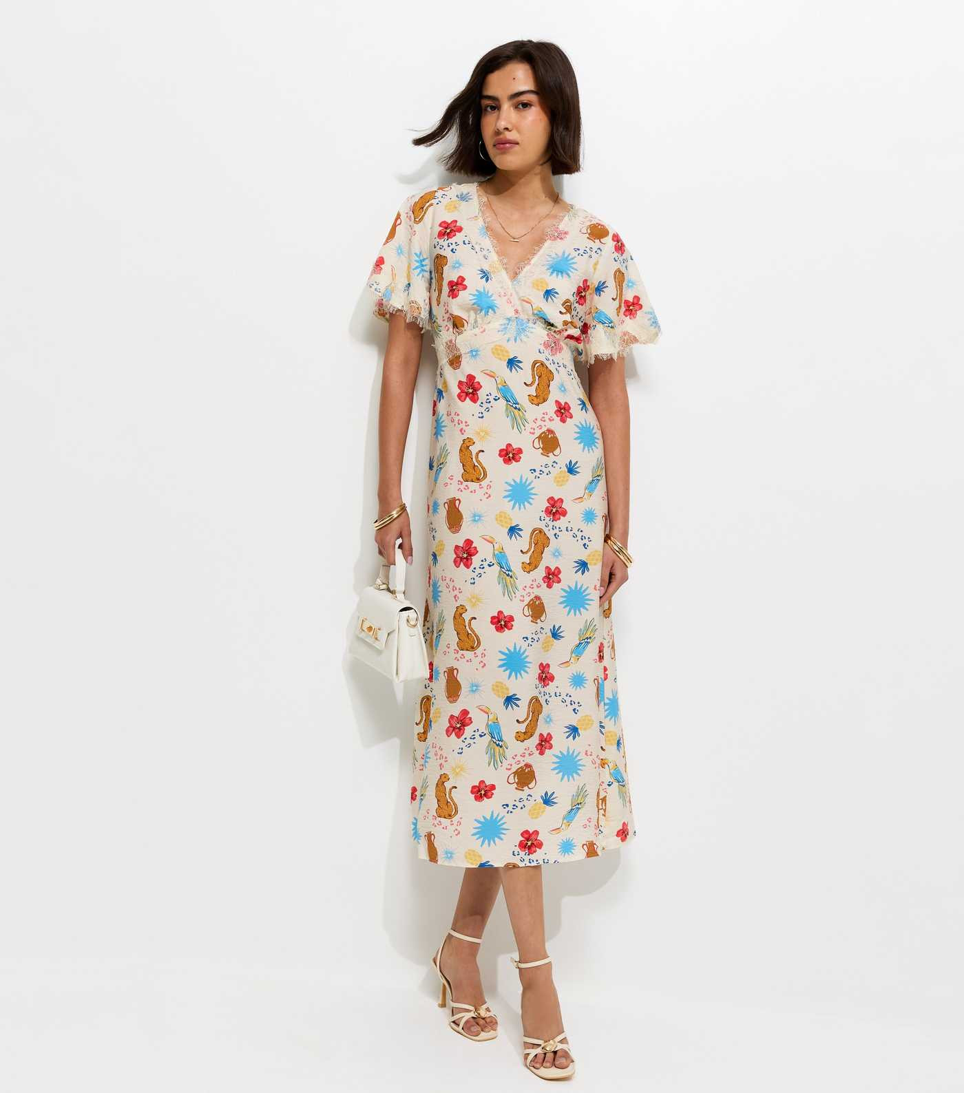Cream Leopard Pattern Lace Trim Tea Midi Dress | New Look | New Look (UK)