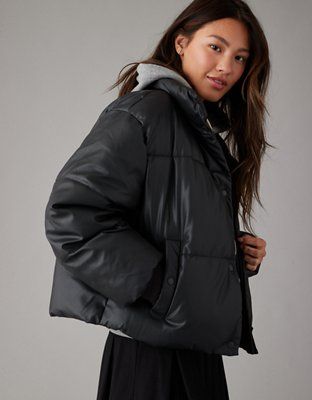AE Vegan Leather Chill Puffer Jacket | American Eagle Outfitters (US & CA)
