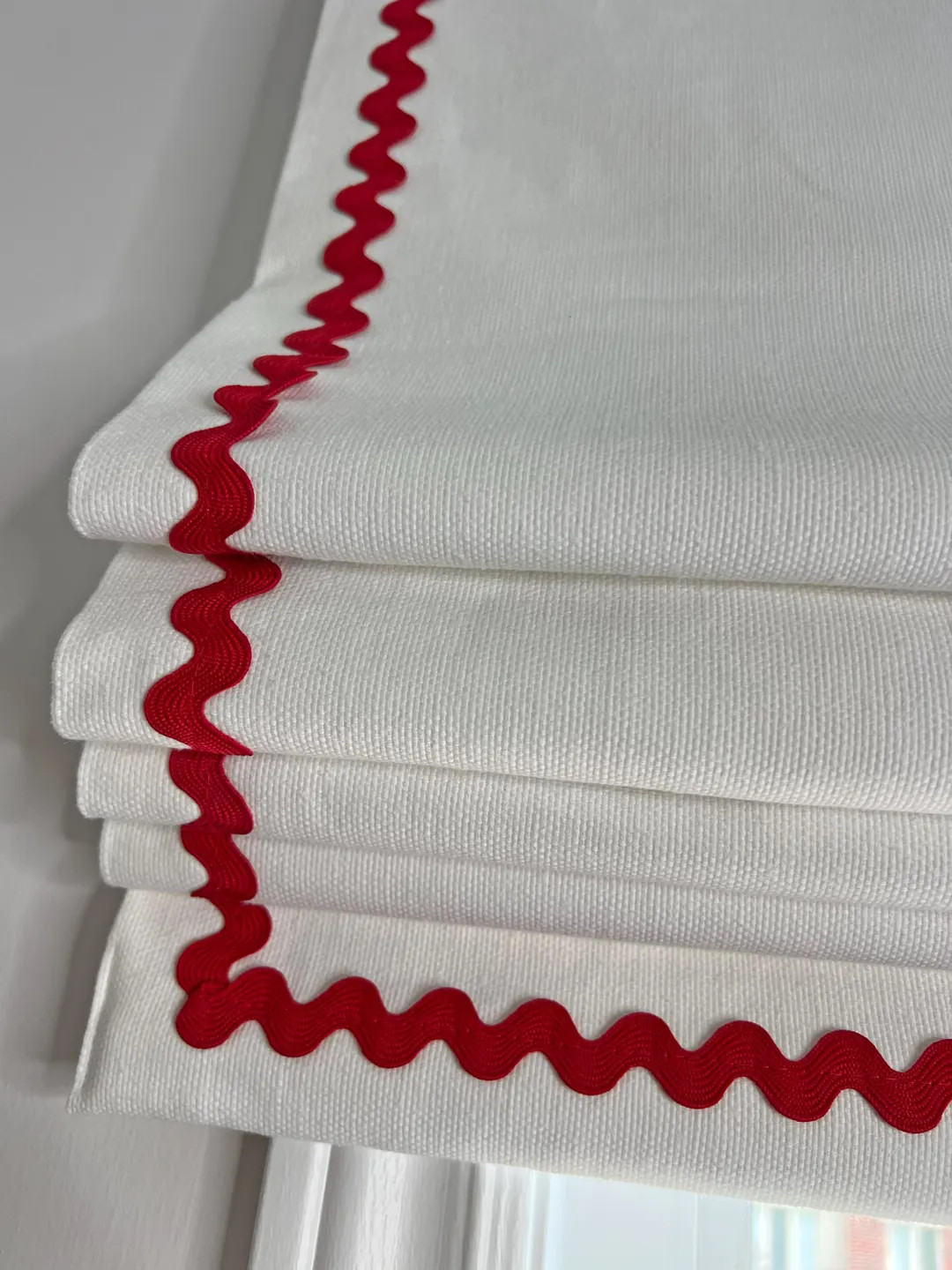 Custom Linen Roman Shade With Red Rickrack Trim – 100% Linen Window Treatment – White With Re... | Etsy (US)