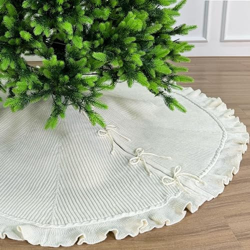 72-Inch Ruffled Sweater Knit Christmas Tree Skirt with Lace Ties, Cream White | Amazon (US)