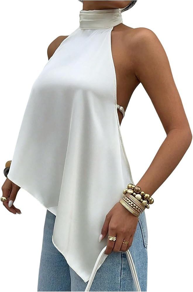 GORGLITTER Women's Satin Open Back Halter Tops Dressy High Neck Backless Going Out Party Asymmetr... | Amazon (US)