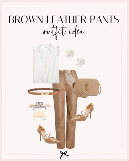 Brown leather pants outfit idea. I love these straight leg faux leather pants and ruffle detail top for a spring workwear look. 

#LTKSeasonal #LTKworkwear #LTKstyletip