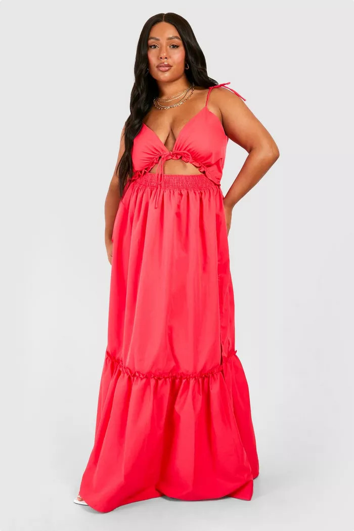 Plus Woven Tie Front Tiered Smock Maxi Dress | boohoo (US & Canada)