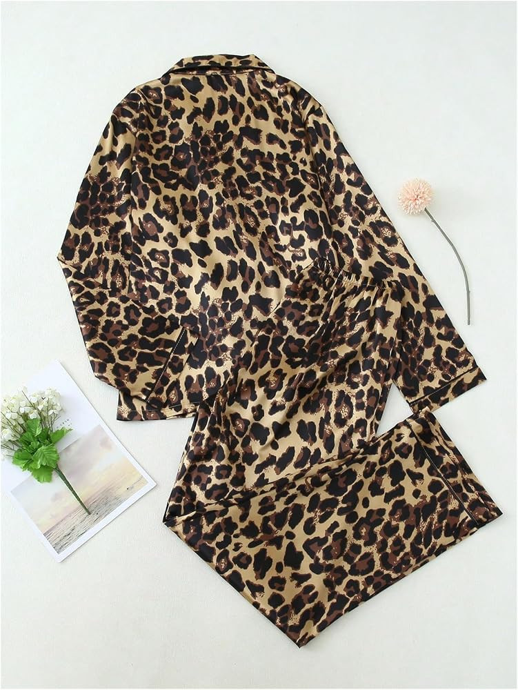 Women's 2 Piece Leopard Print Satin Pajama Set Cheetah Button Down Long Sleeve Top and Pants Slee... | Amazon (US)