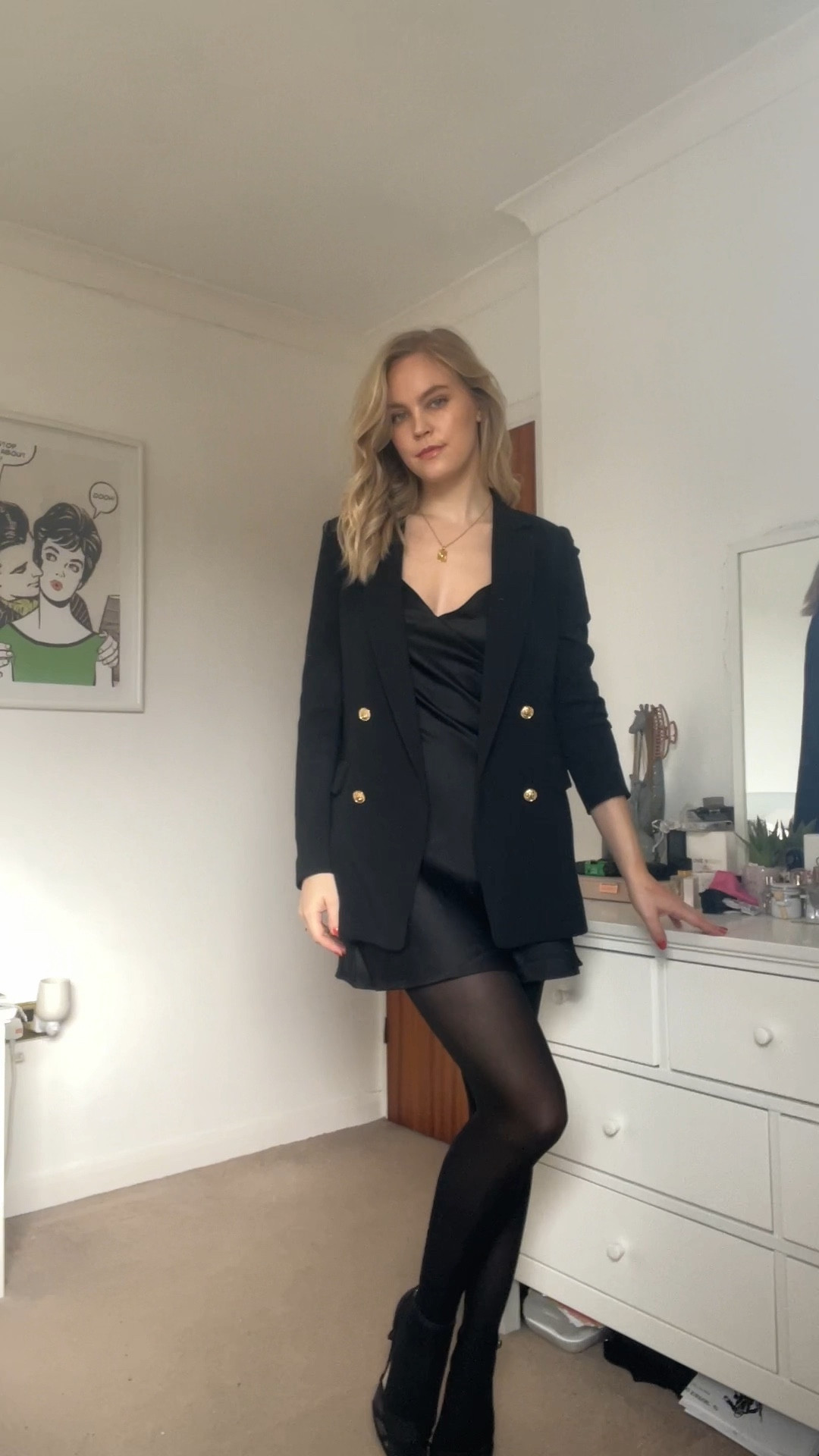 My dressy date night staples - classic black slip dress, black blazer with gold detailing and a pair of black strappy heels. Add a red lip for a pop of colour and you’re good to go! 

#LTKfindsunder100 #LTKVideo