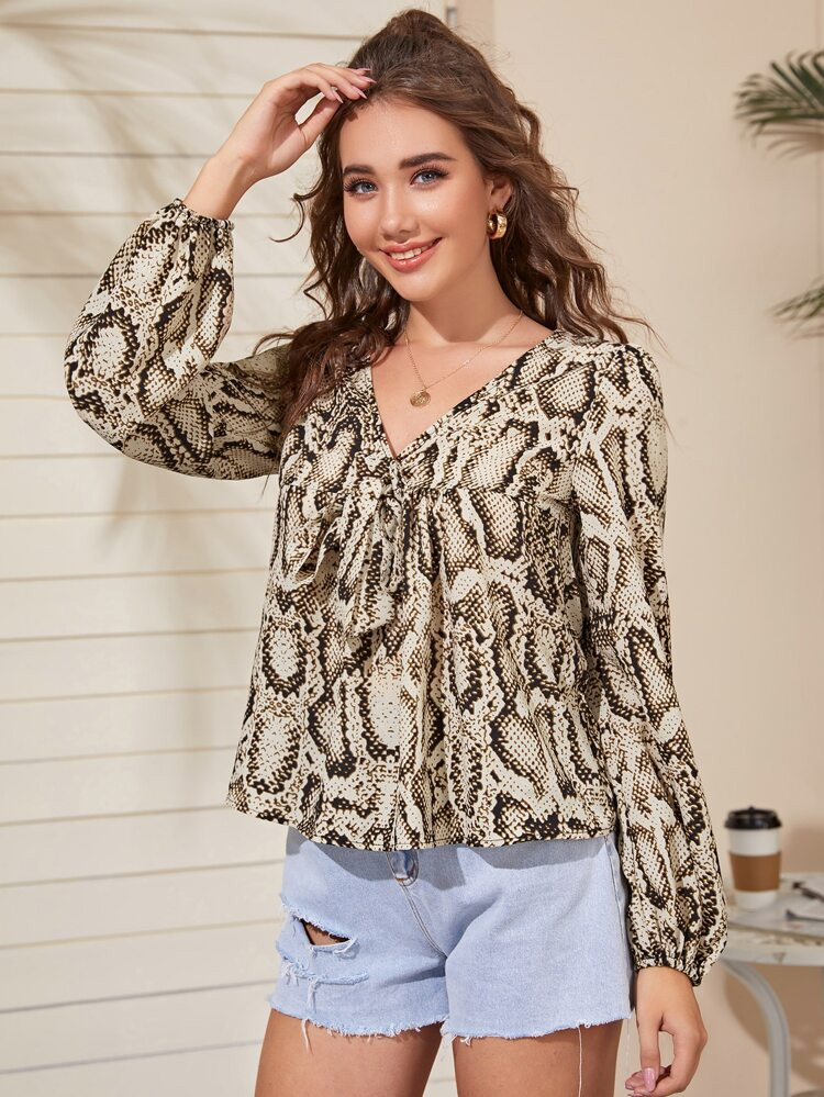 Snakeskin Tie Front Bishop Sleeve Blouse | SHEIN