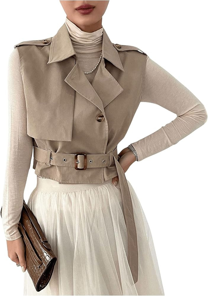 WDIRARA Women's Sleeveless Cropped Trench Coat with Belted Lapel Collar Vest Coat | Amazon (US)