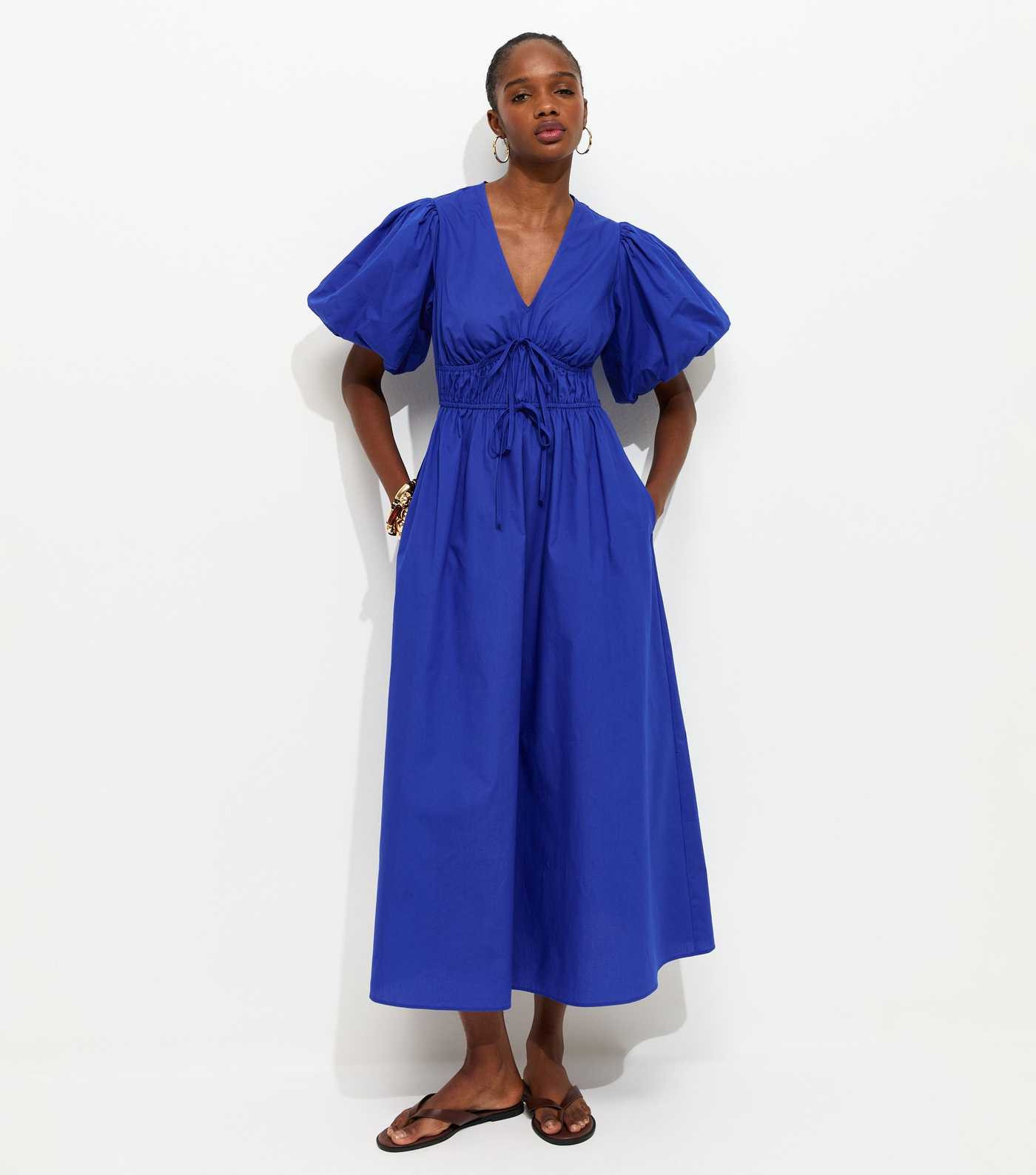 Bright Blue Cotton Puff Sleeve Midi Dress | New Look | New Look (UK)