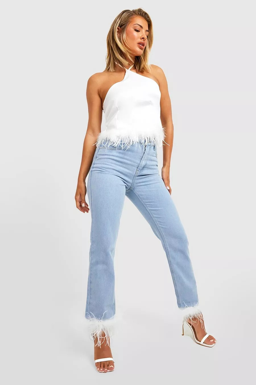 Feather Trim High Waist Straight Leg Jeans | Boohoo.com (US & CA)