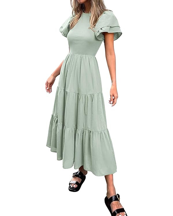 BTFBM Women Casual Summer Dresses Crewneck Flutter Puff Short Sleeve Elastic Waist Flowy ALine Ti... | Amazon (US)